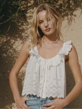Doen Nella White Eyelet Ruffle Tank Top NWOT